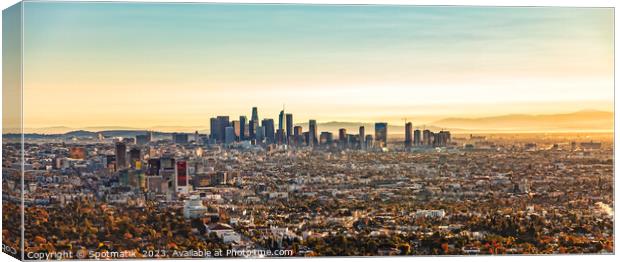 Aerial Panoramic downtown sunrise view Los Angeles America Canvas Print by Spotmatik 