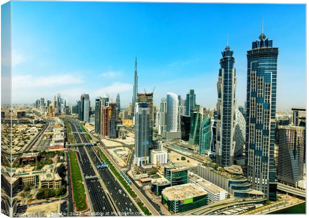 Aerial view Dubai city skyscrapers Sheikh Zayed Road  Canvas Print by Spotmatik 