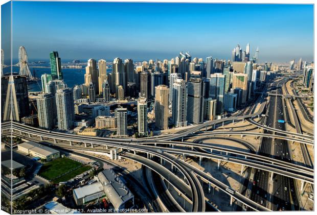 Aerial Dubai city skyscrapers modern highway interchange UAE Canvas Print by Spotmatik 