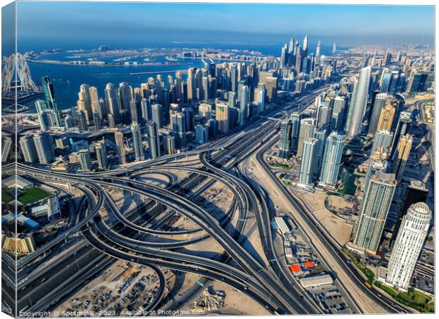 Aerial view of Dubai Interchange Sheikh Zayed Road  Canvas Print by Spotmatik 