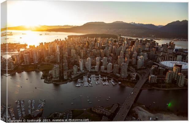 Aerial sunset Vancouver skyscrapers BC Place Stadium Canada Canvas Print by Spotmatik 