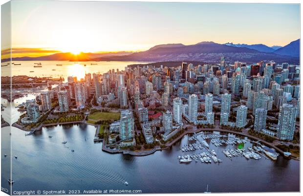 Aerial sunset over Vancouver skyscrapers False Creek Canada Canvas Print by Spotmatik 