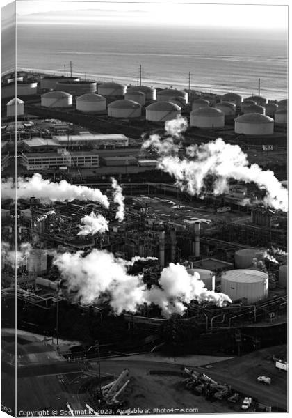 Aerial Pacific ocean view of Industrial refinery California Canvas Print by Spotmatik 