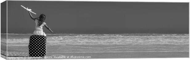 Panorama Portrait of girl airplane cruise travel on beach Canvas Print by Spotmatik 
