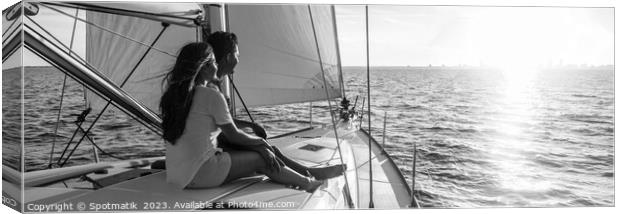 Panorama of young Hispanic couple at leisure on luxury yacht Canvas Print by Spotmatik 