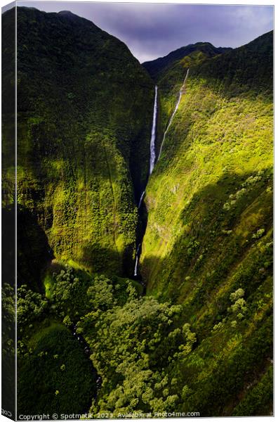 Aerial Molokai valley waterfalls a volcanic Pacific ocean  Canvas Print by Spotmatik 