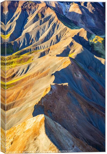 Aerial of Icelandic Landmannalaugar mineral rich volcanic Canvas Print by Spotmatik 