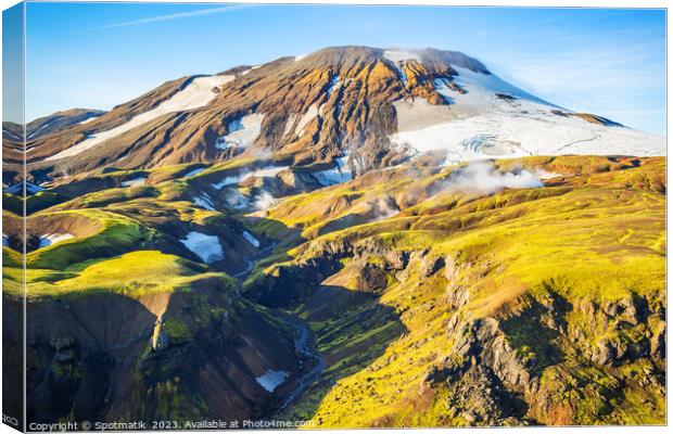 Aerial Landmannalaugar Iceland venting hot steam from fissures  Canvas Print by Spotmatik 