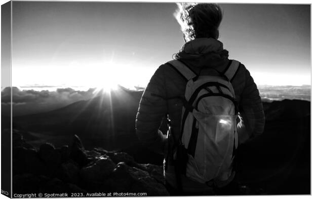 Haleakala volcano Maui female hiker watching sunrise Hawaii Canvas Print by Spotmatik 