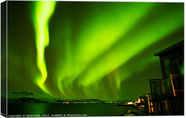 Northern Lights in night sky Norwegian Fjord Winter Canvas Print by Spotmatik 