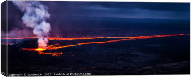 Aerial Panoramic Iceland  molten lava flowing from fissure  Canvas Print by Spotmatik 
