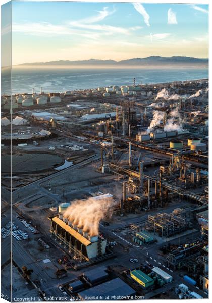Aerial of Industrial Pacific coastal oil refinery California Canvas Print by Spotmatik 