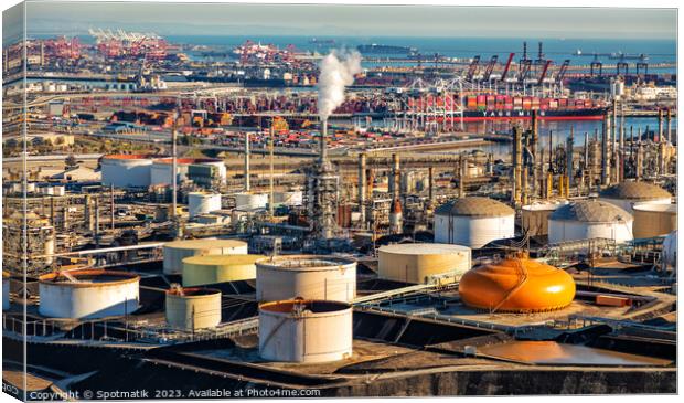 Aerial view of oil storage facility Los Angeles  Canvas Print by Spotmatik 