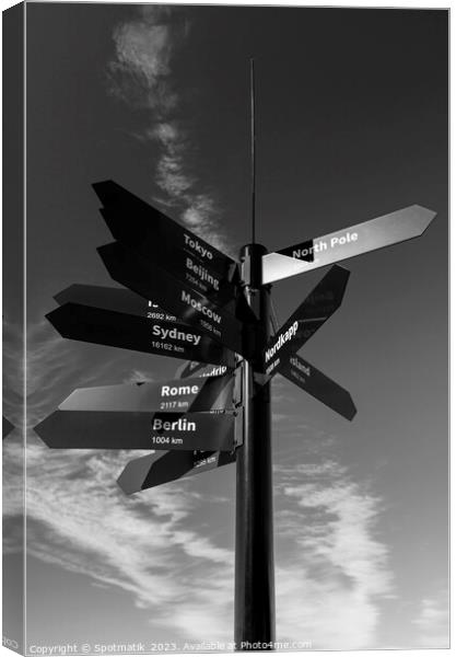 Travel Mile signpost places of the world to explore Canvas Print by Spotmatik 