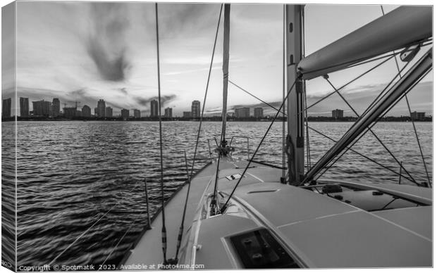 Cityscape view from luxury yacht with beautiful sunrise Canvas Print by Spotmatik 