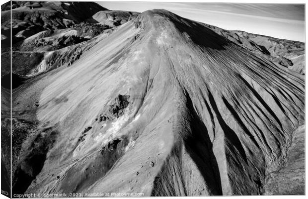 Aerial Icelandic view of Landmannalaugar solidified lava steam  Canvas Print by Spotmatik 