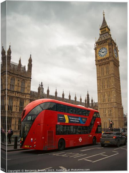 London Bus Outside Big Ben Canvas Print by Benjamin Brewty