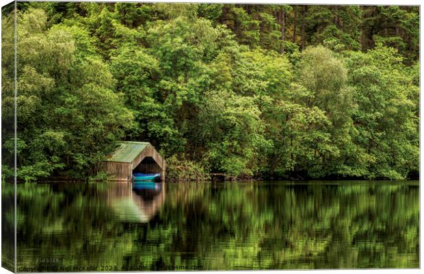 Mirrored Boat in the Boathouse Canvas Print by Neil McKellar