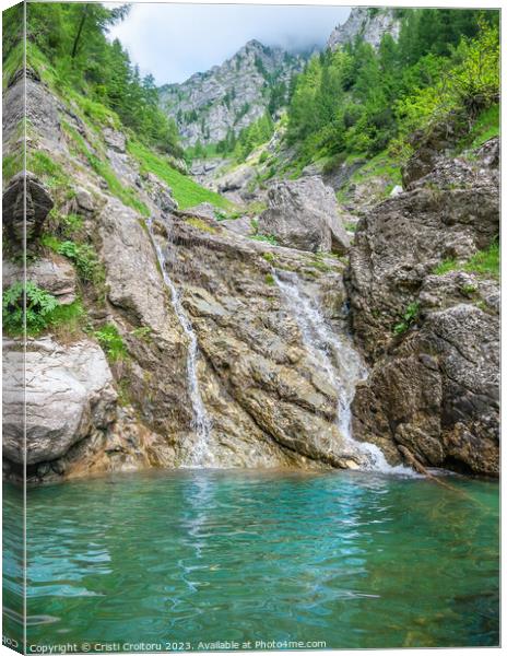 Small waterfall with the water flowing through the rock in a natural pool with turquoise color Canvas Print by Cristi Croitoru