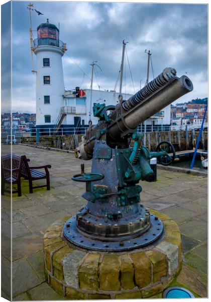 Scarborough Lighthouse And Gun Canvas Print by Steve Smith