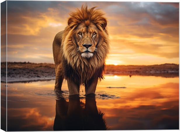 Lion At The Water Hole Canvas Print by Steve Smith