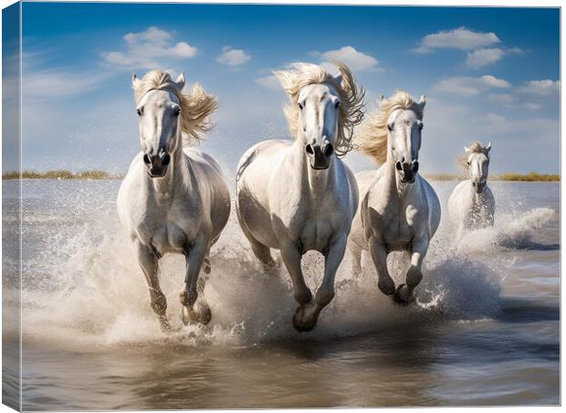 Camargue Horses Running In Water Canvas Print by Steve Smith