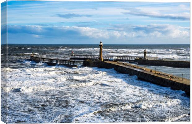 Whitby Pier Waves Yorkshire Coast Canvas Print by Tim Hill