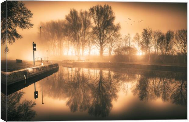 Ethereal mist over Yorkshire canal Canvas Print by Tim Hill