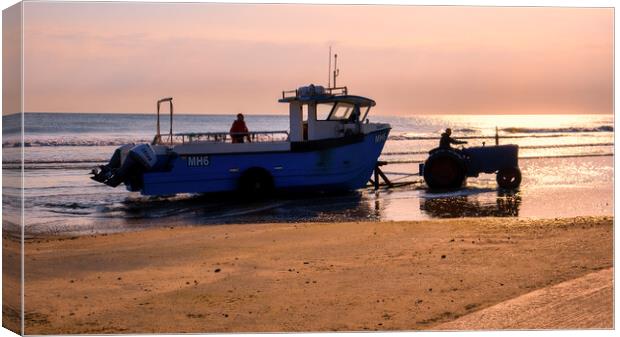 Redcar Fishing Boat and Tractor at Sunrise Canvas Print by Tim Hill