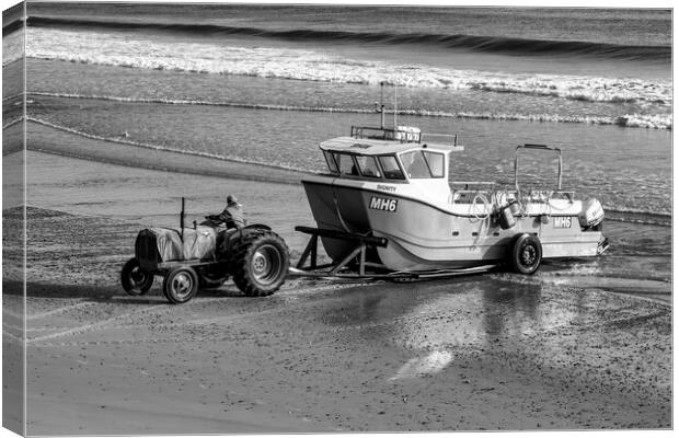 Redcar Beach Tractor Black and White Canvas Print by Tim Hill