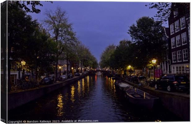 Amsterdam canal at night Canvas Print by Random Railways