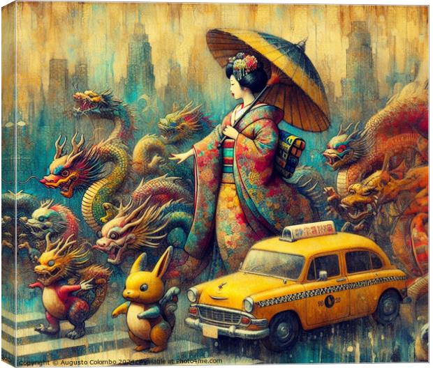 asian woman wear traditional dress walk rainy city skyline stop taxi cab year of the chinese dragon Canvas Print by Augusto Colombo