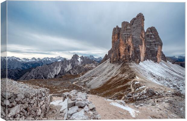 View of famous Tre Cime peaks in Tre Cime di Lavaredo  Canvas Print by Lubos Chlubny