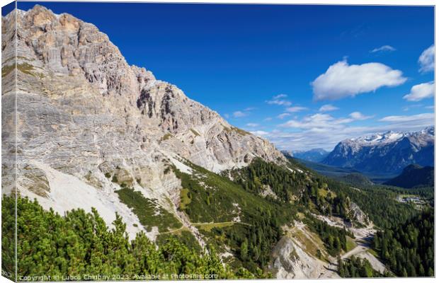 Panoramic view of the famous peaks of the Dolomites, Belluno Province, Dolomiti Alps, Italy Canvas Print by Lubos Chlubny