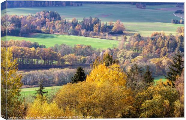 Autumn hilly landscape with meadows Canvas Print by Lubos Chlubny