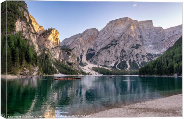 Peaceful alpine lake Braies in Dolomites mountains. Lago di Braies, Italy, Europe. Scenic image of Italian Alps. Canvas Print by Lubos Chlubny