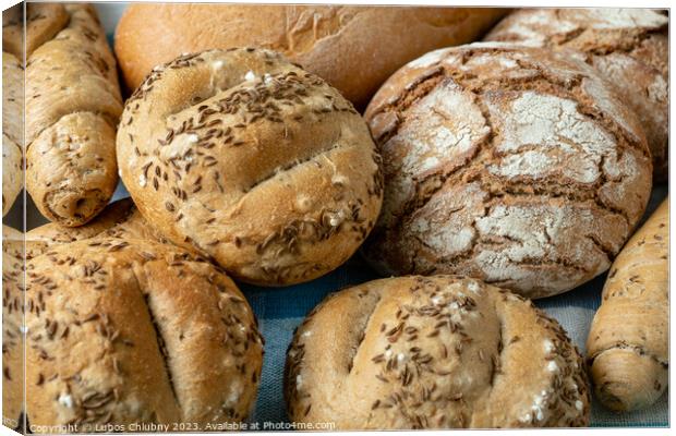 Heap of various bread rolls sprinkled with salt, caraway and sesame. Fresh rustic bread from leavened dough. Assortment of freshly of bakery products Canvas Print by Lubos Chlubny