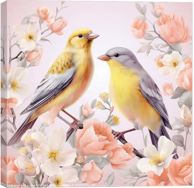 Pair of yellow birds in spring nature. Pastel color style in pink tones - Generative AI Canvas Print by Lubos Chlubny