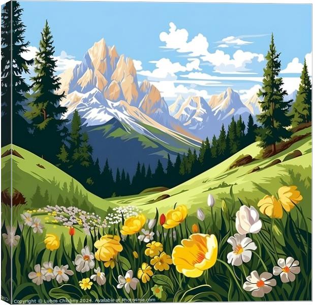 Spring in the mountains of the Italian Dolomites. Cartoon landscape with nature. Generative AI Canvas Print by Lubos Chlubny