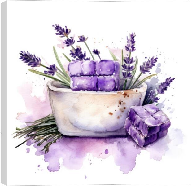 Watercolor illustration of lavender flowers and lavender soap in bowl - Generative AI Canvas Print by Lubos Chlubny