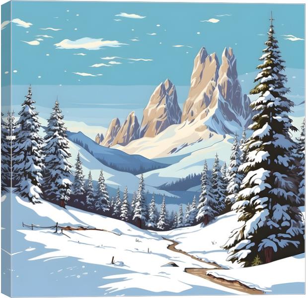 Winter in the mountains of the Italian Dolomites. Cartoon snowy mountain landscape. Generative AI Canvas Print by Lubos Chlubny