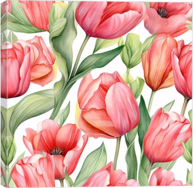Seamless watercolor pattern with tulips. Floral pattern for wallpaper or fabric. Flower tulip. Generative AI Canvas Print by Lubos Chlubny
