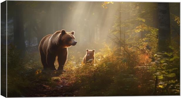 Bear with cubs in the forest and sun rays shining through the trees. Generative AI Canvas Print by Lubos Chlubny