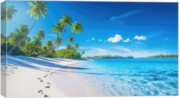 Tropical paradise beach with white sand with footprints and crystal clear blue water. Generative AI Canvas Print by Lubos Chlubny