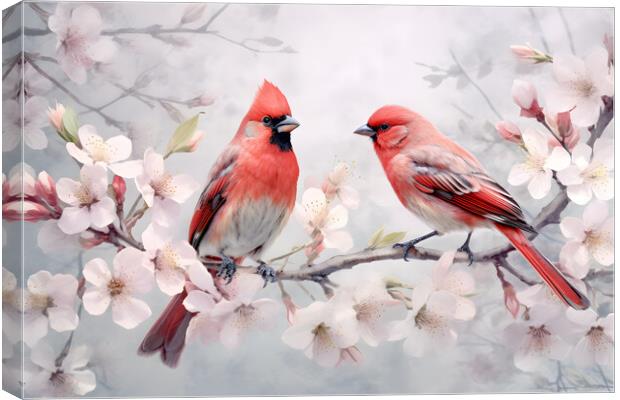 Pair of red birds Northern Cardinals in spring nature. Pastel color style in pink tones - Generative AI Canvas Print by Lubos Chlubny