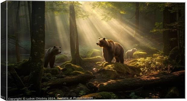 Bear with cubs in the forest and sun rays shining through the trees. Generative AI Canvas Print by Lubos Chlubny