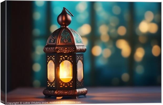 Ornamental Arabic lantern with burning candle glowing at night. Muslim holy month Ramadan Kareem. Digital art Canvas Print by Lubos Chlubny