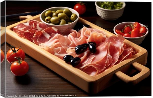 Wooden tray with prosciutto, tomatoes and black olives. Generative AI Canvas Print by Lubos Chlubny