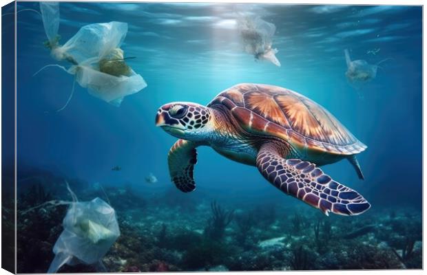 World ocean pollution, Turtle and plastic bags underwater. Generative AI Canvas Print by Lubos Chlubny