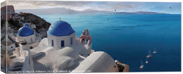 View of the Picturesque Blue Domed Orthodox churches of Santorini Canvas Print by Paul E Williams